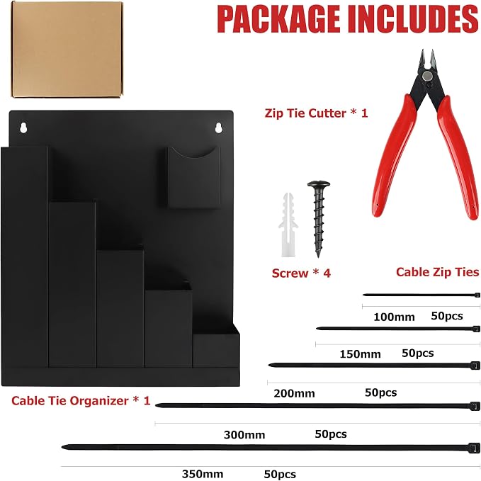 Cable Zip Tie Organizer, Wall Mount Zip Tie Holder, Including 250Pcs Black Zip Ties Assorted Sizes (4”+6”+8”+12”+14”) and 1 Zip Tie Cutter