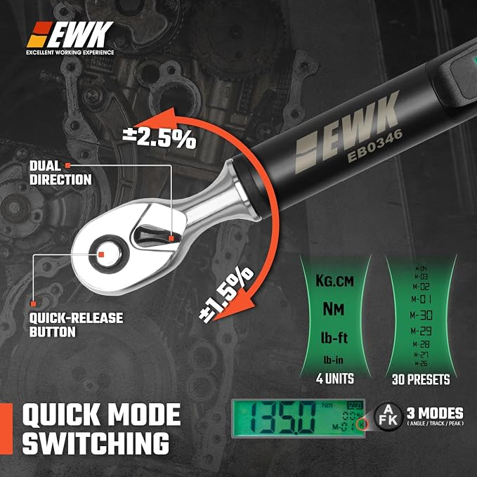 EWK 3/8" Drive Digital Angle Torque Wrench 5-100 ft-lbs (6.8-135 Nm) | ISO 6789, ±1.5% clockwise / ±2.5% counterclockwise/ ±2% Angle, LCD Display, LED Buzzer Vibration Alert, 30 Memory Values