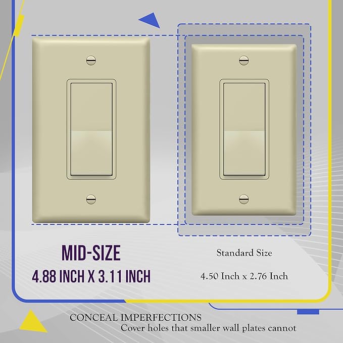 ENERLITES Decorator Light Switch or Receptacle Outlet Wall Plate, Gloss Finish, Midway Size 1-Gang 4.88" x 3.11", Polycarbonate Thermoplastic, UL Listed, 8831M-I, Ivory