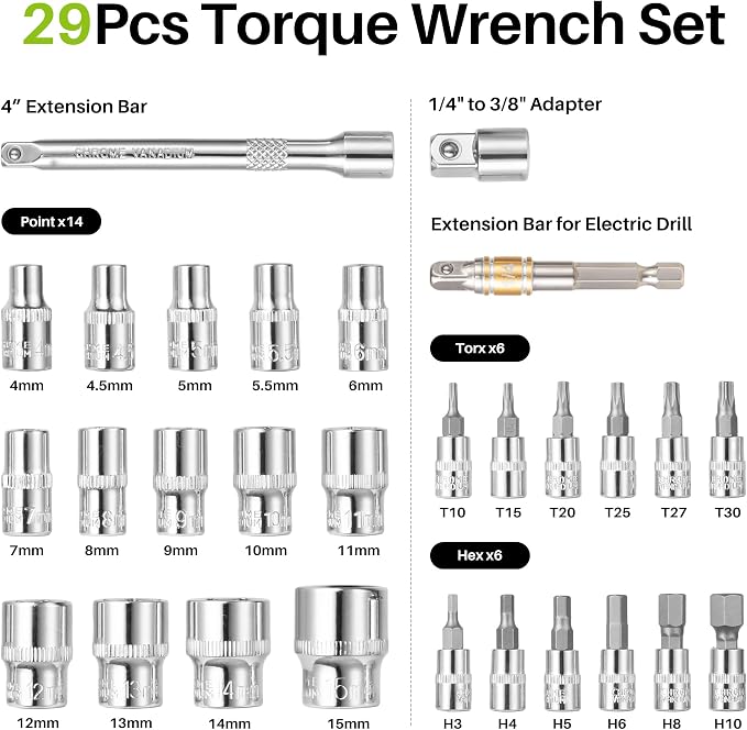1/4" Digital Torque Wrench -0.33-22Ft.Lb for Bike Motorcycle Repair | Electronic Torque Wrench 1/4 Drive(0.45-30 N.m),Vibration Buzzer LED Indicator,±2% Acc. 5 Units for Precision Parts Engine