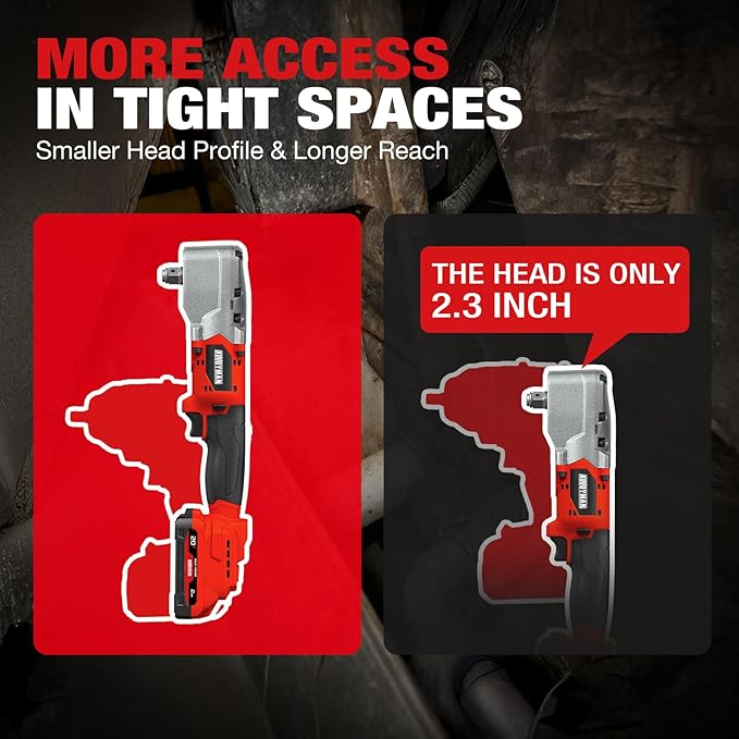 Alloyman 20V Brushless Right Angle Impact Wrench, 1/2", 207 FT-LBS(280.NM) | Slim 90°head, 2-speed control,2 batteries,LED light, for Tight Spaces, Automotive Repair, Engine Bay & Machinery Maintenance