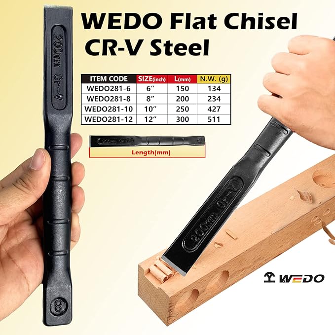 WEDO 6" Cold Chisel,Flat Utility Chisel,Industrial Grade,Length 150mm,CR-V Steel,Die-forged,Heat Treatment,Surface Black Polishing,For Carpentry, Metalwork, Woodwork & Masonry work