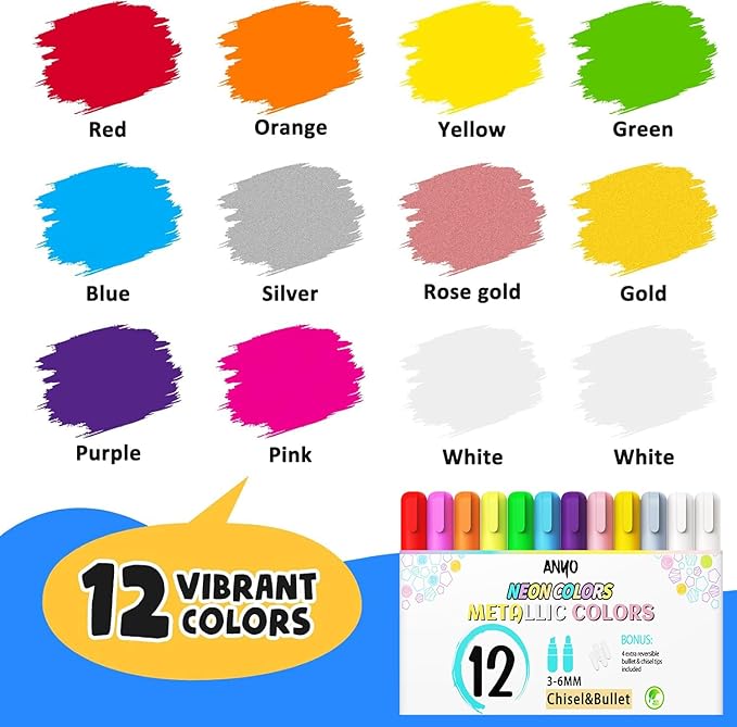 Anyo 12 Pack Chalk Markers for Blackboard, Window Paint with 6mm 2-in-1 Bold Nib Tip, Metallic & Neon Color Wet Erase Window Markers for Glass Washable, Glass, Mirror, Blackboard, Bistro, Menus