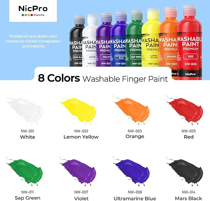 Nicpro 8 Colors Washable Finger Paint Set for Toddlers (4 oz), Non-Toxic & Baby Safe Paint for Hand and Feet, Mess Free Finger Painting Art Supplies for Kids Age 1-3 4 5 6+, Preschool Learning Gifts