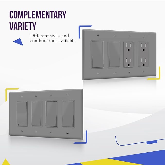 ENERLITES Quadruple Decorator Switch Cover, Four Gang Outlet Wall Plate, Gloss Finish, Mid-Size 4-Gang 4.88" x 8.58", Unbreakable Polycarbonate Thermoplastic, UL Listed, 8834M-GY, Gray