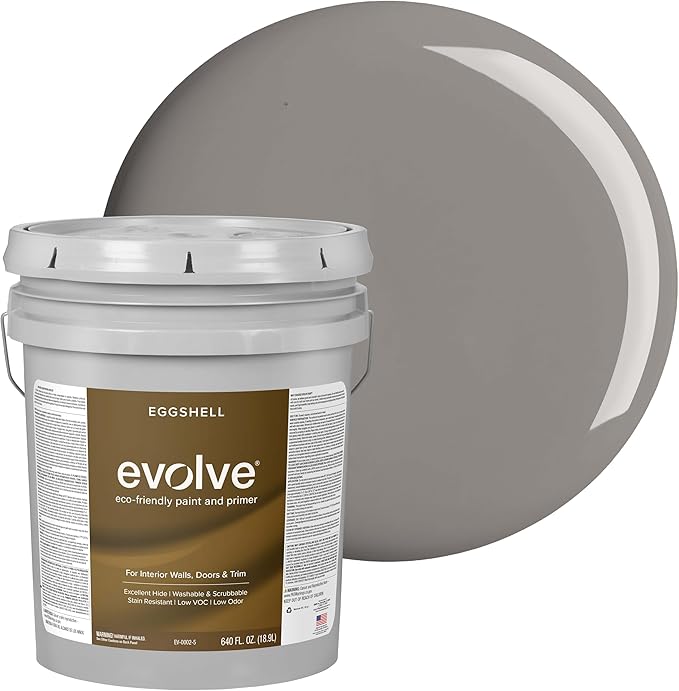EVOLVE Interior Paint & Primer, Eggshell (Tailored Slate), 5 Gallon – One-Coat Coverage, Excellent Hide, Low VOC, Low Odor, Washable Paint for Walls, Doors & Trim