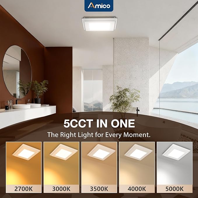 Amico Bathroom Exhaust Fan with Light, 80 CFM, 0.9 Sones, 1000LM, 5CCT, Easy Install, Ceiling Mount Shower Bathroom Fan, Adjustable Household Ventilation Fan, ETL & FCC Certified