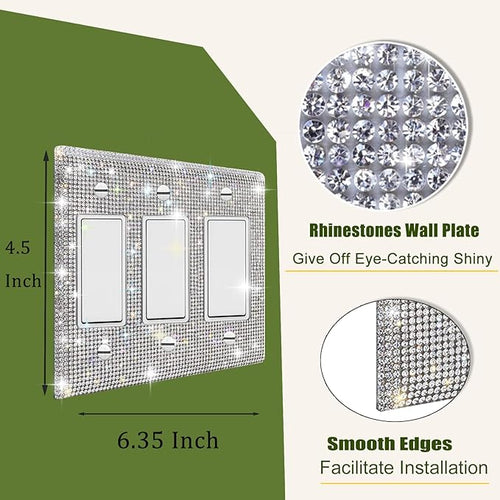 1 PC Shiny Silver Rhinestones Wall Plate Cover Switch Plate Cover Light Switch Cover Switch Cover Decorative Triple Toggle Outlet Covers Bling Switch Cover Electrical Cover Plates