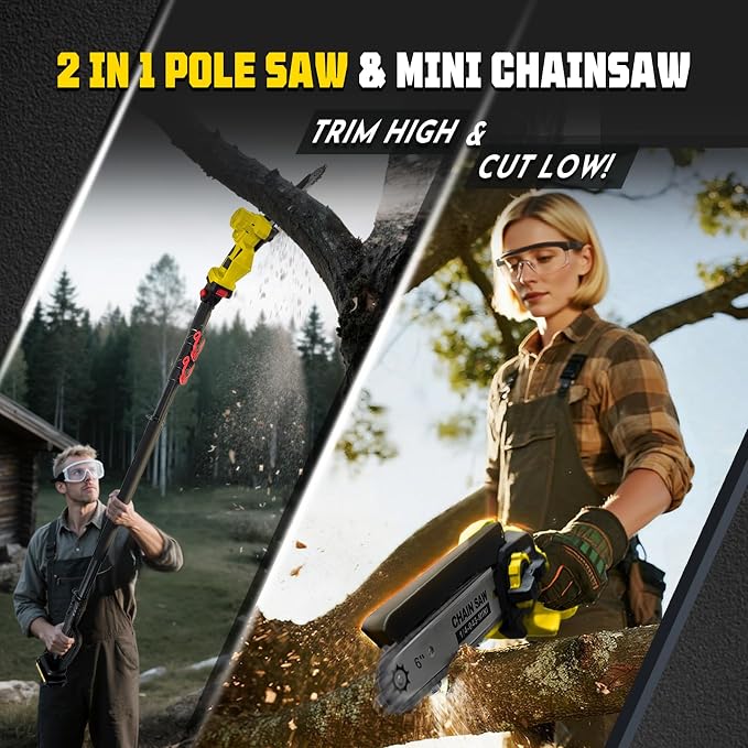 2-in-1 Electric Pole Saws for Tree Trimming, Brushless 1200W Cordless Pole Saw & 6 Inch Mini Chainsaw,16-Foot Max Reach & Multi-Angle, Tree Trimmer Branch Cutter Limb Pruner with 2 Battery