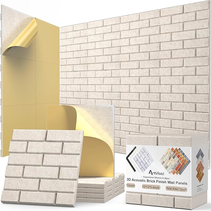 12Pack Acoustic Wall Panels, 12"×12"×0.4" Self-Adhesive 3D Brick Pattern Sound Proof Panels for Walls, High Density Decorative Acoustic Foam Sound Proofing for Recording Studio, Office, Camel