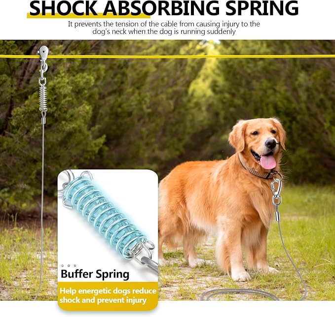 Professional Dog Runner Trolley System，Heavy Duty & Adjustable 30ft Dog Zip Line with 10ft & 15ft Tie Out for Large Dogs Up to 250lbs, Chew Proof Dog Run Cable for Yard, Camping & Outdoor Adventure