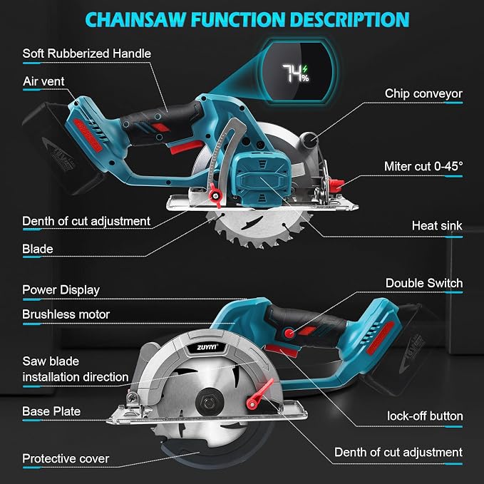 6 Inch Cordless Mini Circular Saw for Makita 18V Battery(Not Inclued), 12000RPM 2"(90°) Cutting Depth, Brushless Compact Tile Saw for Wood, Tile, Metal, Plastic, for 5-1/2, 5-3/8 Inch Blade