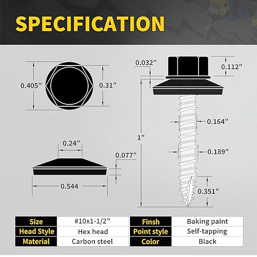 Metal Roofing Screws #10 x 1-1/2", 300 PCS, FIXLINK Baking Paint Hex Head Rubber Washer Sheet Metal Roof Screws Self Tapping Metal to Wood Siding Screws, Hex Socket Included, Black