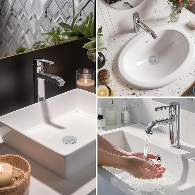 Hibbent Upgraded 3 in 1 Bathroom Sink Drain Strainer, Universal Pop Up Stopper with Removable Stainless Steel Filter Basket Hair Catcher, Sink Plug for 1.1''~2.36'' Basin, Brass Bullet Core, Chrome
