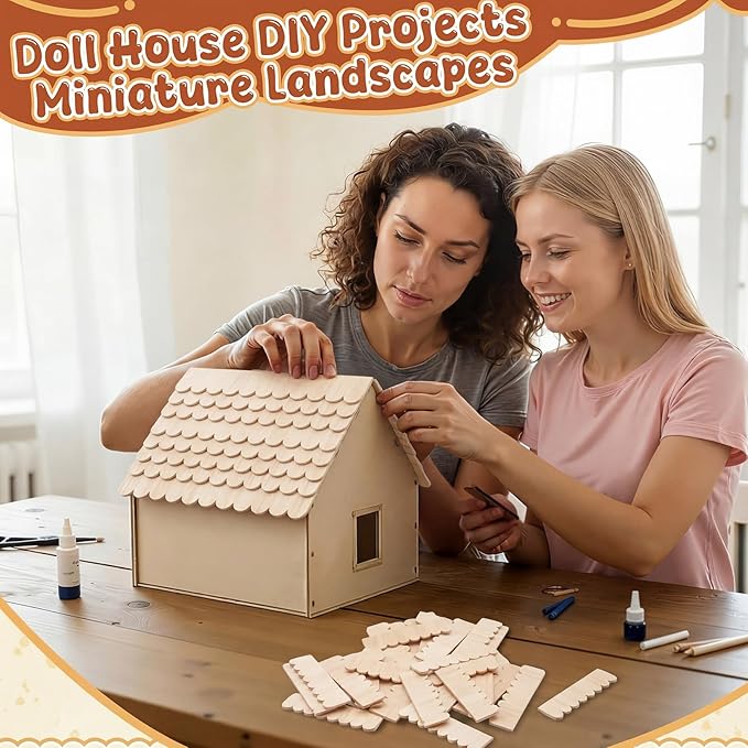 Wenqik 100 Strips Dollhouse Roof Shingles 4.25 x 1.14 Inches Each Mini Fish Scale Wooden Dollhouse Miniature Roofing for 1: 12 Scale Doll House Projects DIY Miniature Landscapes (Natural Wood)