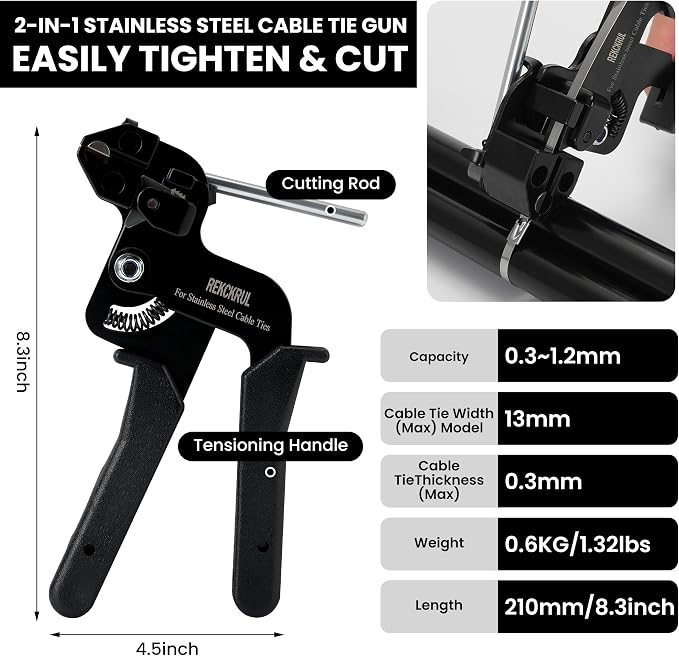 Stainless Steel Cable Tie Gun Set Metal Zip Tie Tool Kit (Black) | Heavy Duty, 150PCS Self-Locking Ties, Adjustable Fastening & Cutting Tool for Outdoor Fencing, Automotive, Exhaust Pipes