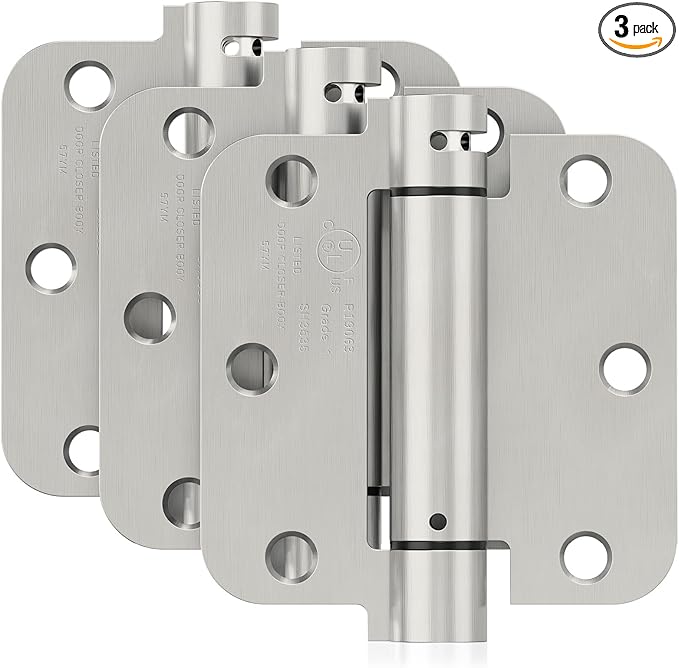 3 Pack Self Closing Door Hinges, 3.5 Inch Spring Loaded Door Hinges for Garage, Front, Back Door, Left/Right Hand, Adjustable Tension, 5/8'' Radius Corners, UL Listed, Brushed Nickel