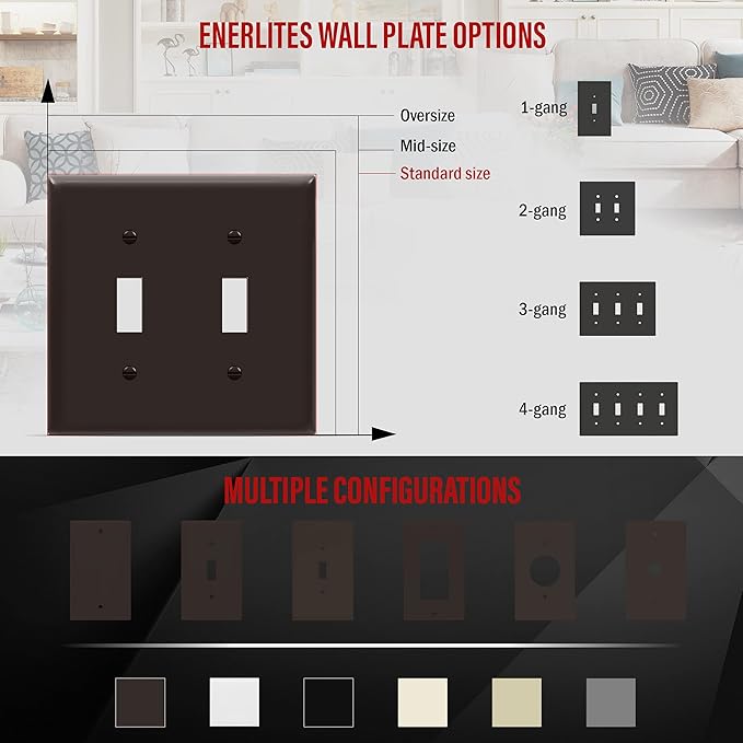 ENERLITES Double Toggle Switch Cover, Two Gang Light Switch Wall Plate, Standard Size 2-Gang 4.5" x 4.5", Unbreakable Polycarbonate Thermoplastic, UL Listed, 8812-BR, Brown