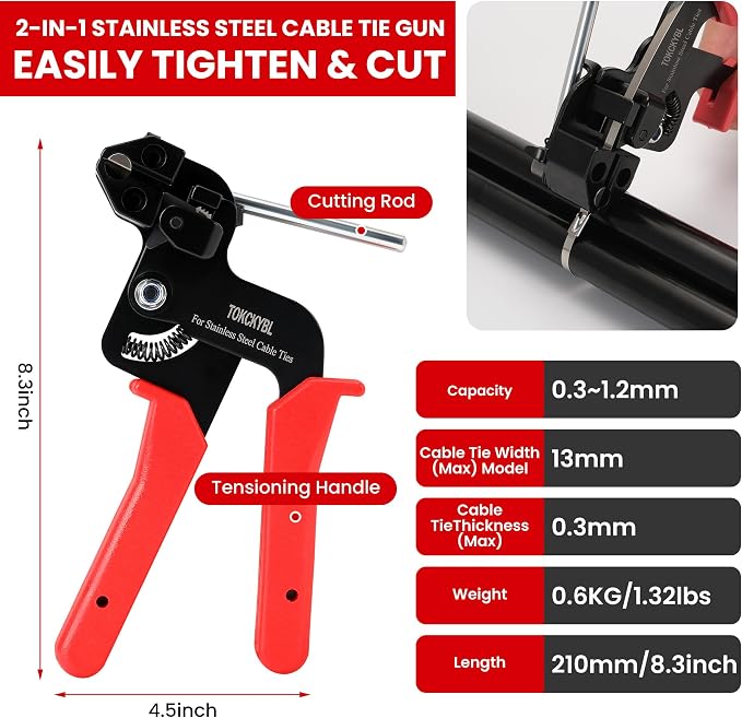 Stainless Steel Cable Tie Gun Set – Heavy Duty Metal Zip Tie Tool Kit with 150PCS Self-Locking Ties, Adjustable Fastening & Cutting Tool for Outdoor Fencing, Exhaust Pipes(Red)