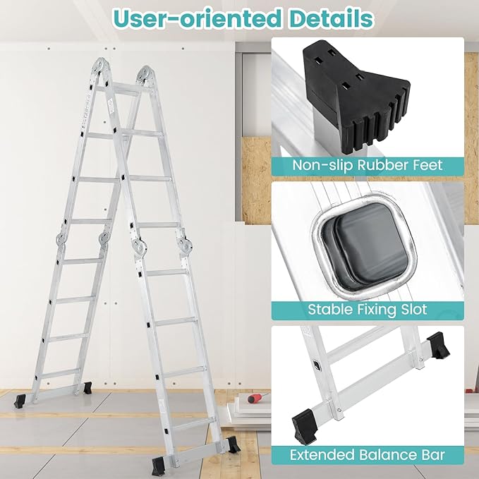 7-in-1 Folding Ladder, Multi-Purpose 15 FT Aluminum Alloy Ladder with Non-Slip Feet, Safety Locking & Heavy Duty Frame, Indoor & Outdoor Lightweight Extension Ladder, 330 LBS Capacity