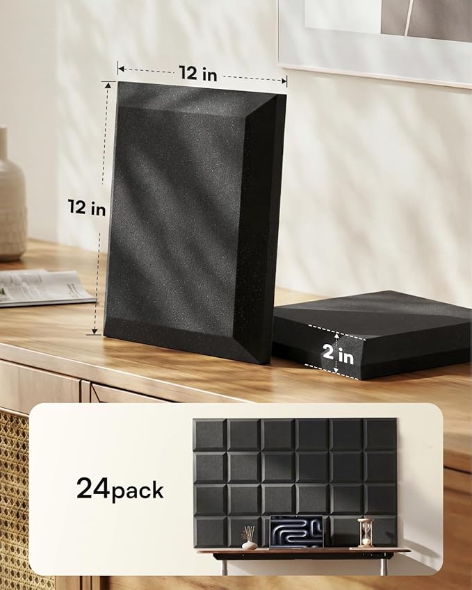 SODOCT 24 Pack Acoustic Foam Panels Flat Shape, Self-Adhesive 12 x 12 x 2 Inches, High-Density Acoustic Foam, Sound Proofing, Sound Absorbing Panels for Studio, Podcast, Home Office
