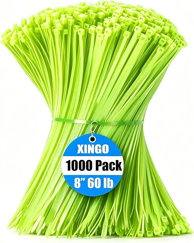 XINGO 1000 PCS Apple Green Zip Ties 8 Inch, 60 LBS Tensile Strength-Heavy Duty, Self-Locking Nylon Plastic Nylon Wire Ties for Indoor and Outdoor Use