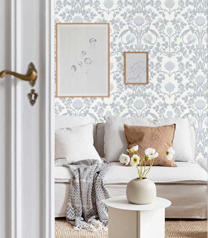 YXTII 17.3"×236.2" Blue Floral Peel and Stick Wallpaper, Damask Boho Wall Paper Vintage Wallpaper for Bedroom Bathroom Self Adhesive Removable