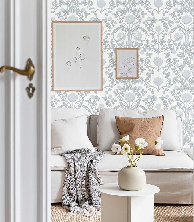YXTII 17.3" × 393.7" Blue Floral Peel and Stick Wallpaper, Damask Vintage Wallpaper for Bedroom Bathroom Self Adhesive Removable
