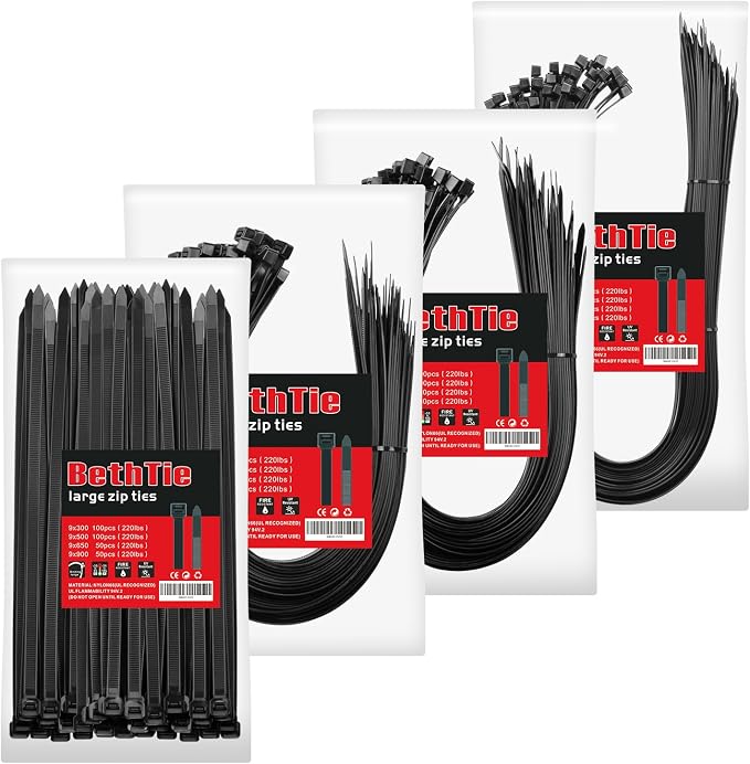 BethTie 300Pcs Zip Ties Heavy Duty (12"+20"+26"+36"), 220Lbs Ultra Strong Plastic Wire Ties, Large Cable Ties Extra Long Tie Wraps for Indoor and Outdoor, UV Resistant Wire Ties, Black