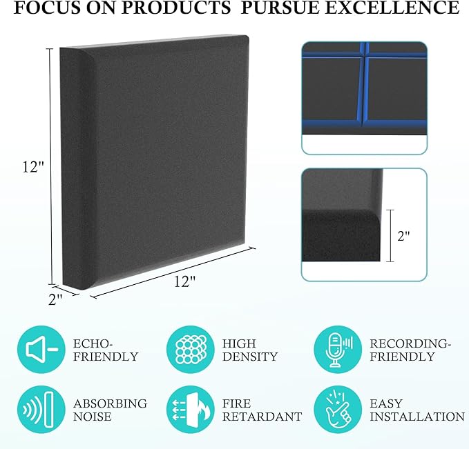 JBER Acoustic Studio Foam, 6 Pack 2" X 12" X 12" Round C-Panel Sound Foam Panels Soundproofing Treatment Studio Wall Padding Sound Absorbing Fireproof Pyramid Wedge Tiles