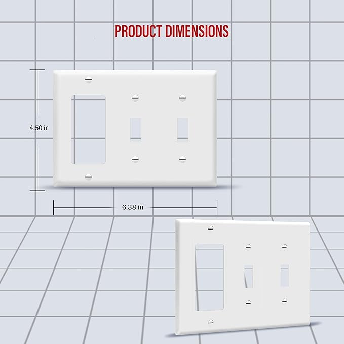 ENERLITES Combination Double Toggle/Single Decorator Rocker Outlet Wall Plate, Standard Size 3-Gang Light Switch Cover(4.5" x 6.38"), Polycarbonate Thermoplastic, UL Listed，881231-W, White