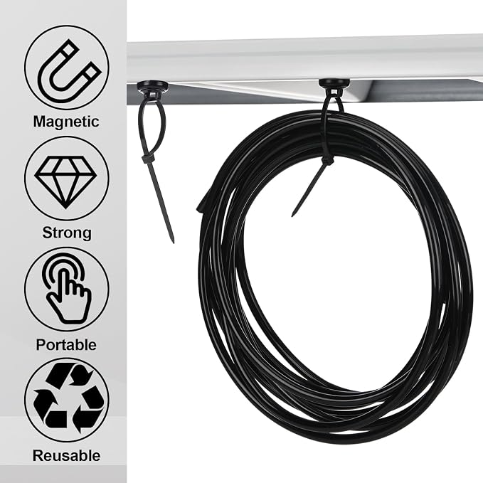 Leinuosen 60 Set Magnetic Zip Tie Mount and Nylon Cable Ties, 19 mm Multipurpose Wire Cable Holder Mount Wire Clips Management Electrical Organization Supplies (Black)