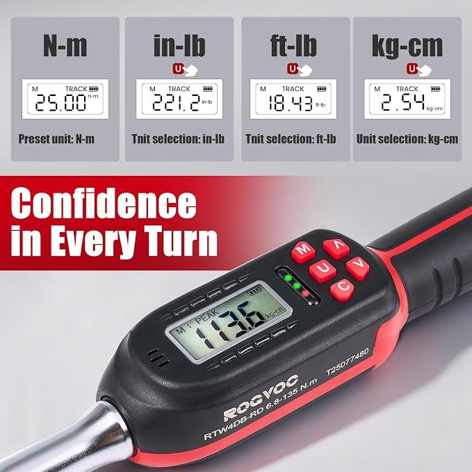 Adjustable Digital Torque Wrench 5-100 ft.lb/6.8-135 N.m | Electronic Torque Wrench with 42 mm Open End, 2% Accuracy, LED Buzzer Alert, for HVAC