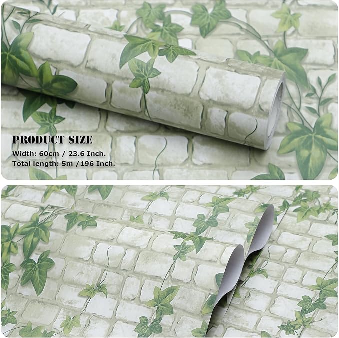 Peel and Stick Wallpaper Brick Wall Paper Green Leaves Brick 3D BrickStone Self Adhesive Removable Contact Paper Textured Vintage Wallpaper Decorative Wall Classroom Covering 23.6"x196"