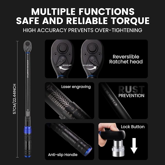 1/2-Inch Drive Click Torque Wrench, 30-300 ft-lb (40.7-406.8 Nm), ±3% Accuracy 72-Tooth Dual-Direction Ratchet, Mechanical Hand Tool for Lug Nuts, Tire Change, Truck & Auto Maintenance