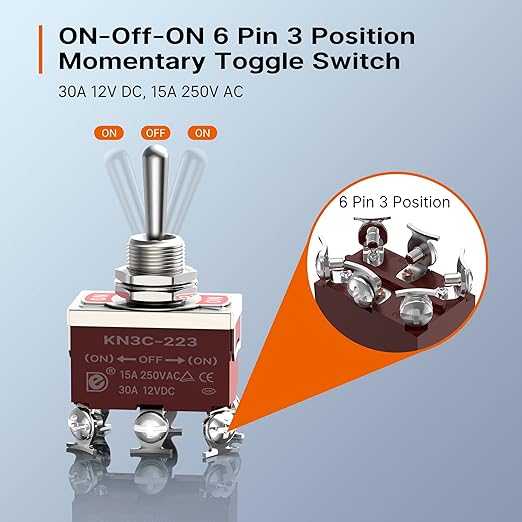 Joinfworld Momentary Toggle Switch 12V DC 3 Way 30 Amp DPDT 6 Pin (ON)-Off-(ON) Waterproof Marine Toggle Switch 12 Volt Heavy Duty with Boot Cover Cap for Automotive Boat Auto Air Train - 4Pack