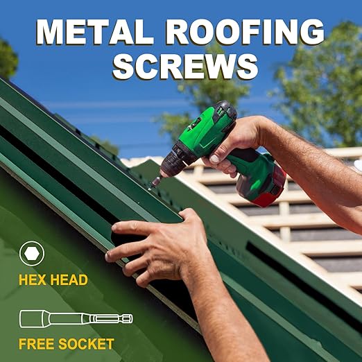 LIONMAX Metal Roofing Screws #14 x 1 Inch, 300-PCS, Forest/Ivy Green Painted Hex Head Sheet Metal Screw with Rubber Washer, Sharp Point, for Roofing and Siding, Hex Socket Included