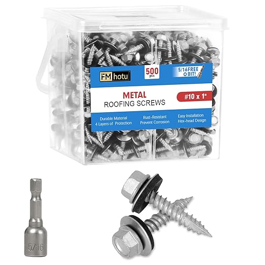 FMhotu Metal Roofing Screws #10×1Inch, 500-PCS, Hex Head Rustpert Coating Sheet Metal to Wood Siding Screw with EPDM Rubber Washer, Sharp Point, Hex Socket Included
