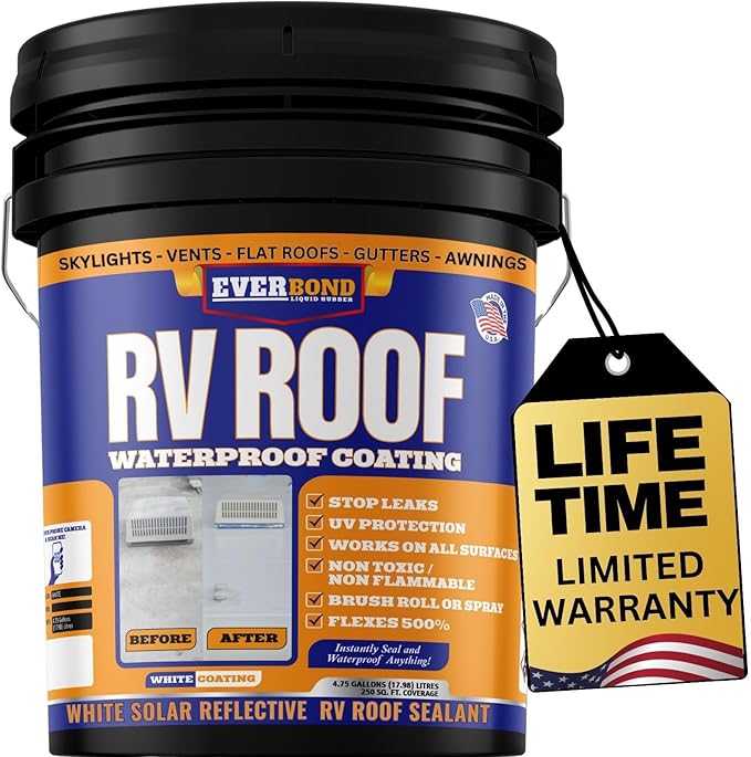 Everbond Liquid Rubber RV Roof Coating - Roof Sealant for Camper Roofs, Trailers, Motorhomes, and Metal Buildings - Roof Cooling White 4.75 Gallon - Made in USA