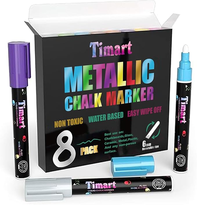 Timart Metallic 8 Pack Liquid Chalk Markers, Bold Wet & Dry Erase Marker Pens for Chalkboards Signs, Blackboards, Windows, Glass- 6mm Reversible Tip