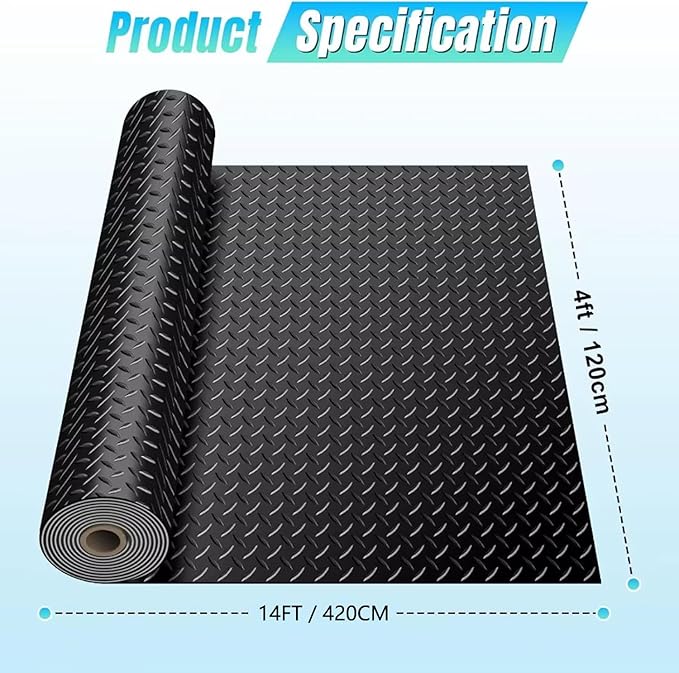 Heavy Duty Diamond-Plate Rubber Flooring Roll, 4' x 14', 1/8" Thick, Waterproof Anti-Slip Floor Mat, Easy to Clean & Install Floor Protector for Garage, Gym, Stable, Basement, Kennel