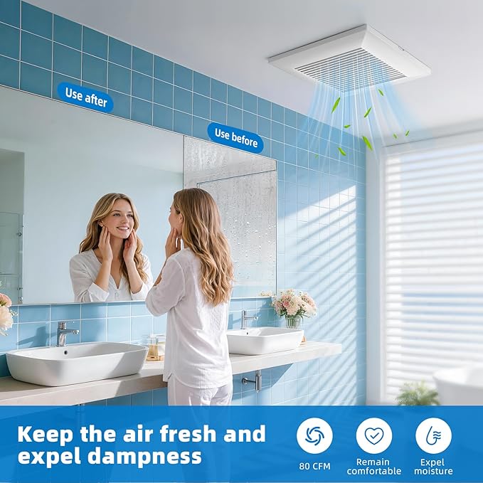 JOEAONZ Bathroom Exhaust Fan 80 CFM Very Quiet with Matel Housing, Ceiling Mount Ventilation Fan Large Air-flow Capacity, Energy-Saving Household Bath Vent Extractor, White Plastic Grille