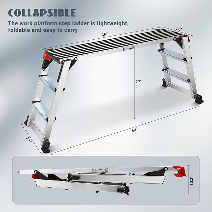 Work Platform Two Step Ladder, Aluminum Platform 45"×12"×27" Non-Slip, Heavy Duty Folding Work Bench 330 lbs Load Capacity for Washing Vehicles, Cleaning, Painting