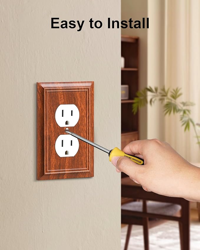 4-Pack Duplex Outlet Cover Plate, Decorative Wood Grain Switch Plates and Outlet Covers, Natural Bamboo Fiber Wall Plates for Electrical Outlets, 1 Gang Receptacle Cover, Corrosion Resistant