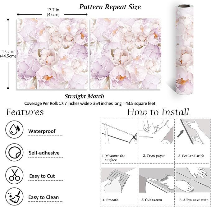VEELIKE Lavender Floral Wallpaper Peel and Stick Large Peonies Wall Mural for Girls Room Nursery Prepasted 17.7'x354' Removable Pink Wallpaper for Bedroom Bathroom