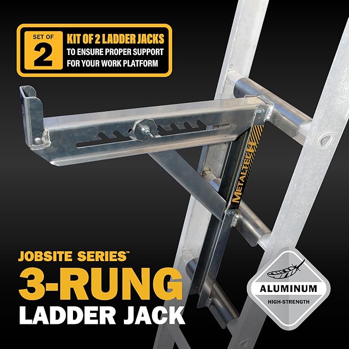 Metaltech Jobsite Series 3-Rung Ladder Jack 2-Pack E-LJ30P, Aluminum Jack for Scaffolding Extensions and Work Platforms, Scaffold, Masonry, Painting, and Roofing Tool for Job Site and Home Improvement