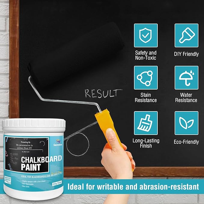 Chalkboard Paint Black Chalk Board Paint for Wood, Metal, Glass, Wall, Plaster Boards Sign, Frame, Interior/Exterior, Built-in Primer & Top Coat, Black Matte Finish, Acrylic, Non-Toxic, 350g, 12oz