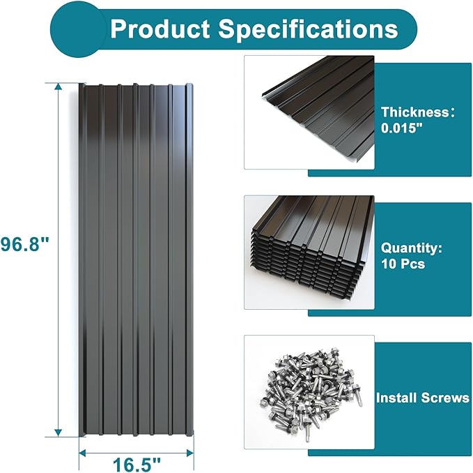 NeatiEase 10 Pcs Metal Roofing Panels, 8.1 Feet Corrugated Galvanized Roofing Panels Metal Siding Panels with Steel Screws for Pergola, Gazebo, Shed, Outdoor Storage, Chicken Coop,Garages (Black)