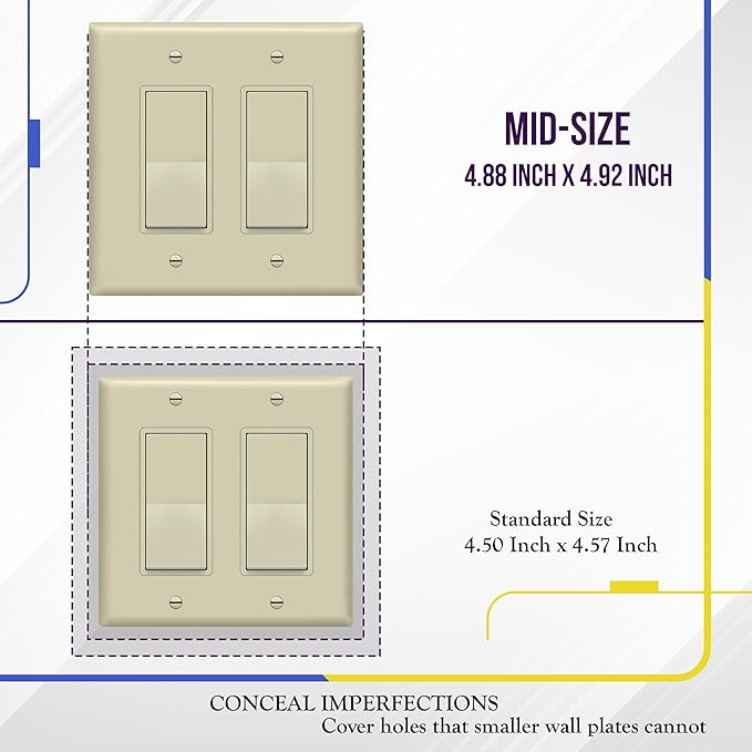 ENERLITES Decorator Light Switch or Receptacle Outlet Wall Plate, Gloss Finish, Midway Size 2-Gang 4.88" x 4.92", Unbreakable Polycarbonate Thermoplastic, UL Listed, 8832M-I, Ivory