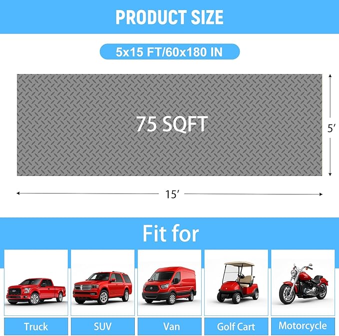 5x15 FT Garage Floor Mat, 2.8mm Thickened PVC Flooring Roll for Under Car, Golf Cart Parking Mat, Diamond Plate Gray Motorcycle Mat for Warehouse, Basement, Gyms, Trailer（Included Tapes）
